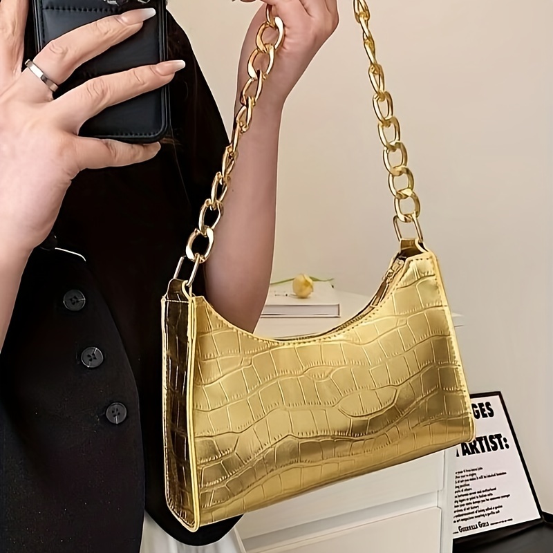 

Crocodile Embossed Shoulder Bag, Trendy Textured Underarm Bag, Women's Fashion Handbag & Baguette Purse