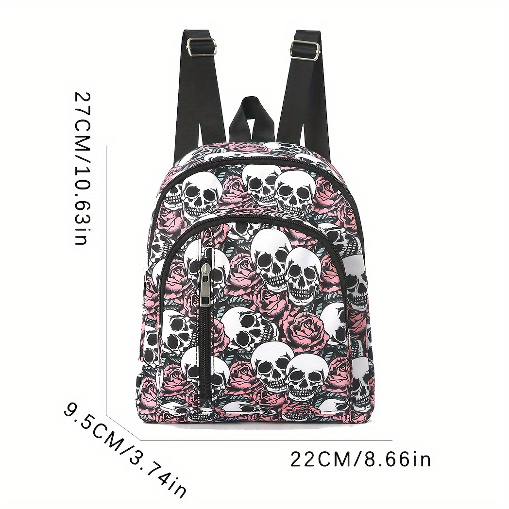 New! Women Fashion Skull & Flower Pattern Backpack, Gothic Style Daypack Pastel Goth Floral Backpack, Spooky Pink Skull Flower Book  main image 2