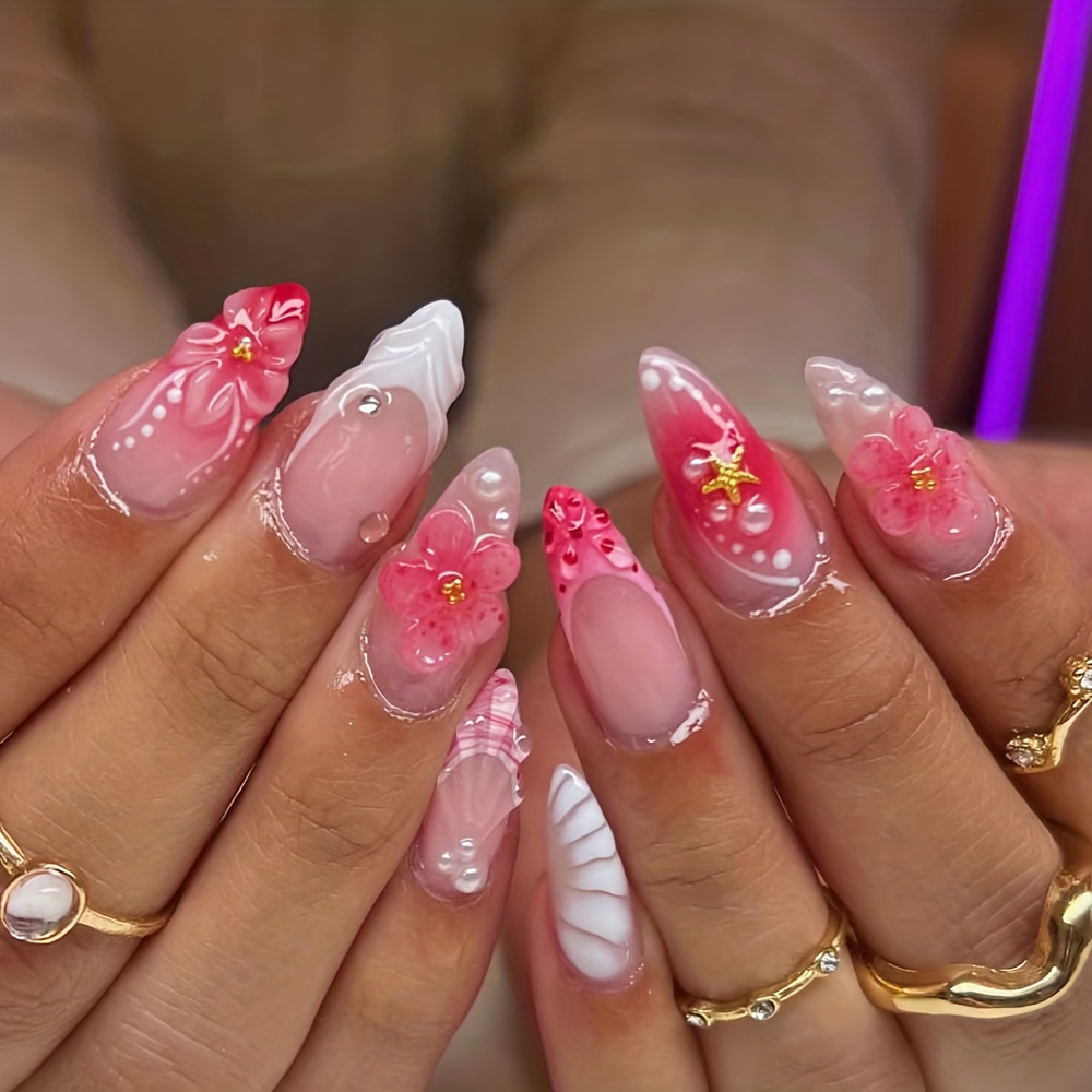 Upgrade Your Style, 24pcs of Chinese Almond Fake Nails, Pink Three-dimensional Flower Nail Design, Full-coverage Bright Artificial Nail Art, Tropical Island Hand-painted Fake Nails
