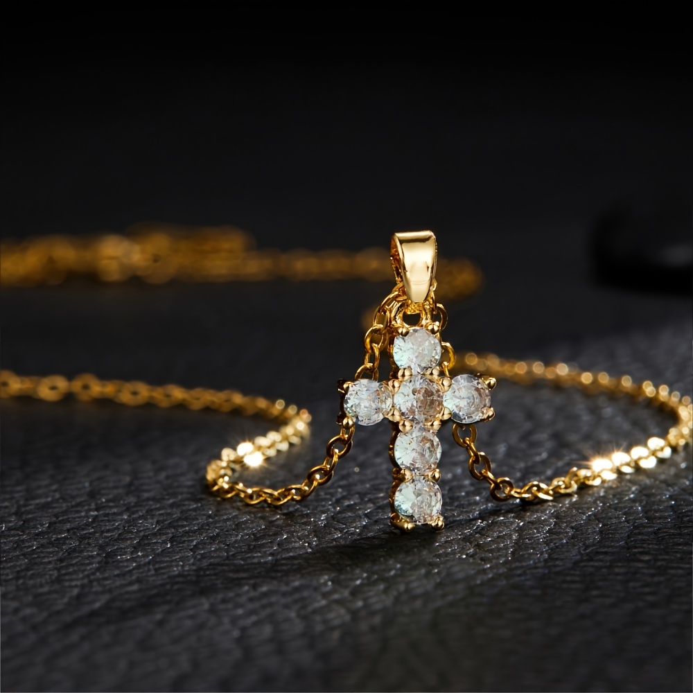 Women's Golden Synthetic Zirconia Cross Necklace