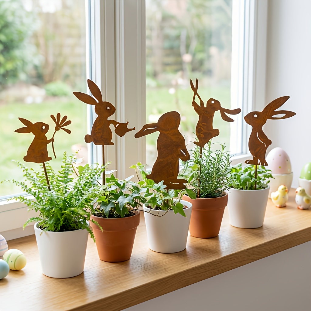 TEMU 2d Flat, [2d Flat] 5pcs Metal Easter Bunny Garden Stake Decoration - Rustic Outdoor Bunny Figures With Natural Rust Finish, Stake Installation