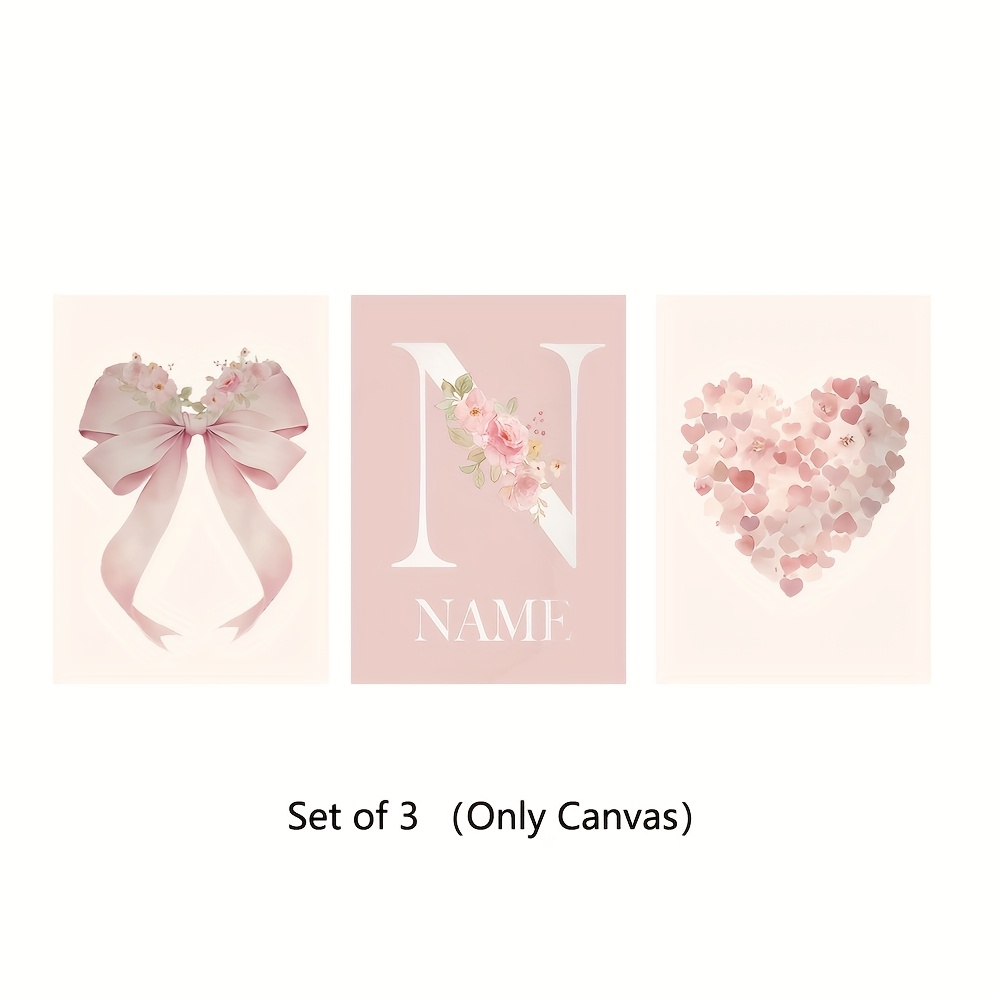 E-shop 2D Flach, 3er-Set Personalisierte Leinwandposter mit optionalem Rahmen, Rosa Blumen Kinderzimmer Wandkunst, Schleifen-Herz Namensdruck Poster,