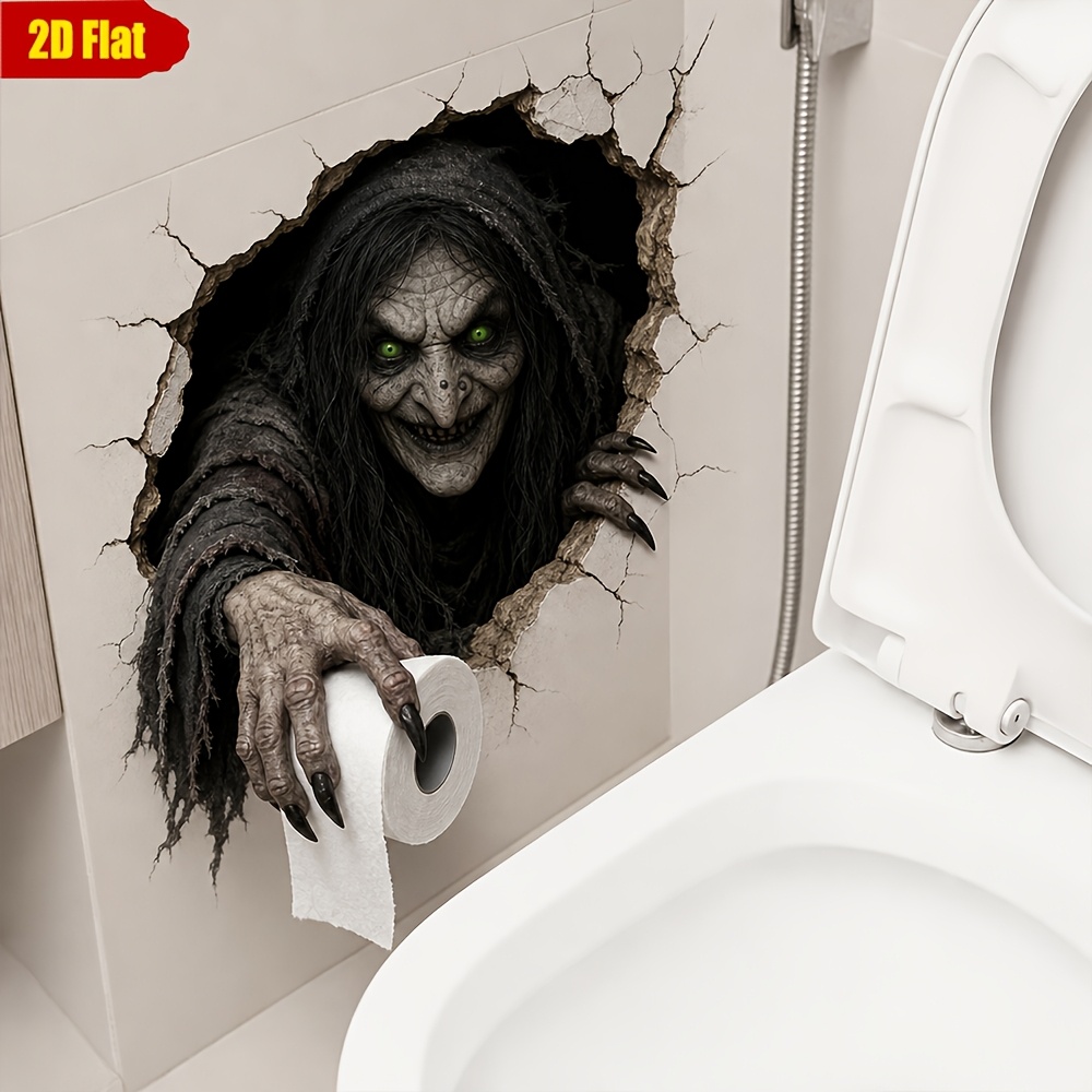 Image of 1pc Wall-breaking Old Witch Halloween Sticker, Horror Old Witch Bathroom Wall Tile Waterproof Decorative Sticker, Halloween Prank Party Toilet Decor