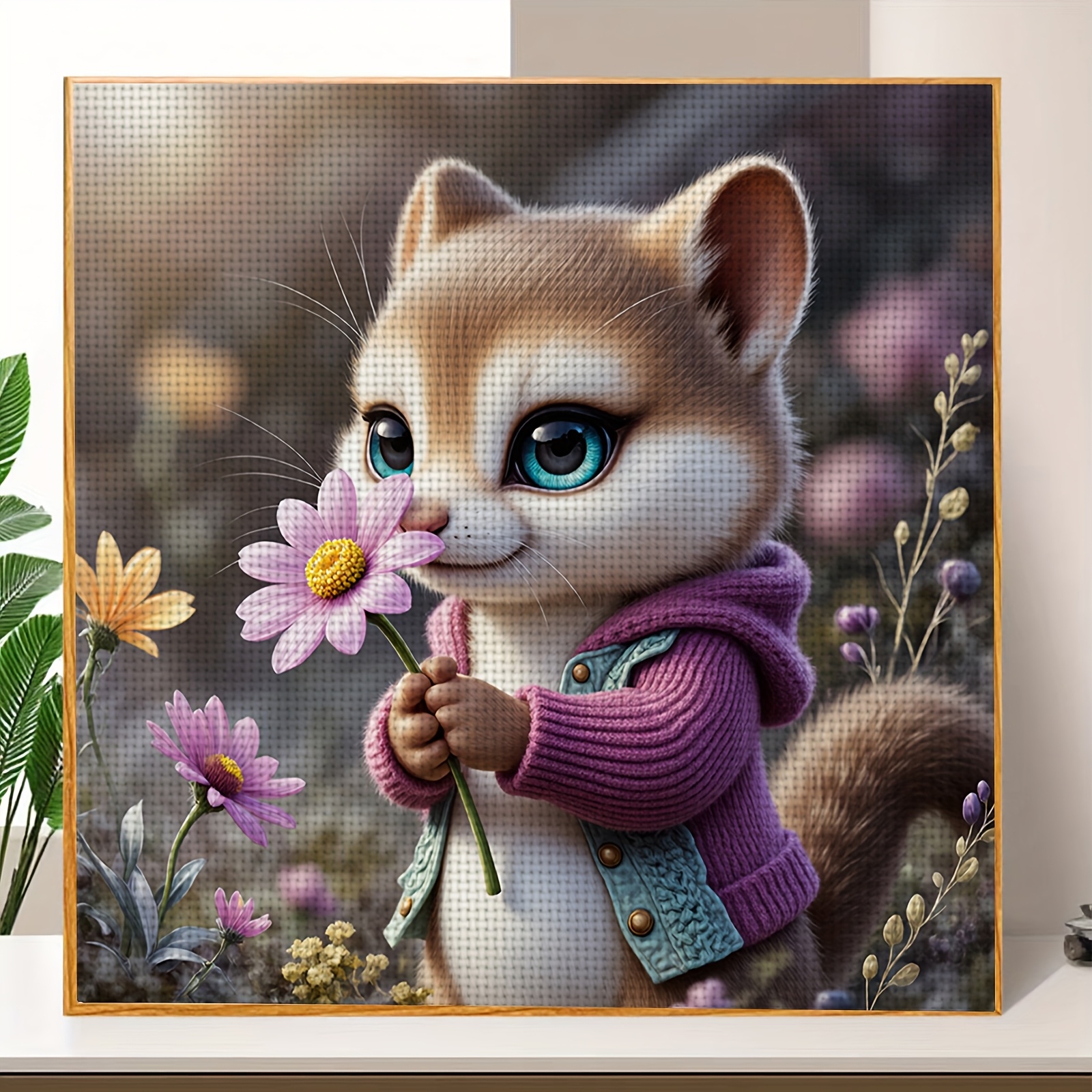 11CT/14CT Printed Cross-Stitch Kit, Cute Animals Holding Flowers