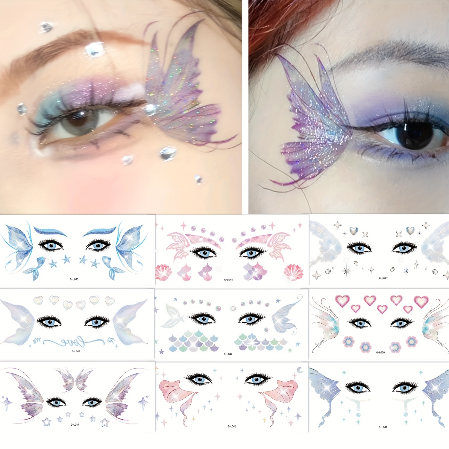 

10-pack Temporary Shimmer Butterfly Eye Tattoos, Girls Fantasy Butterfly & Mermaid Face Tattoos With Scales, Fairy Makeup For Princess Parties, Halloween Supplies - Shape: Oblong