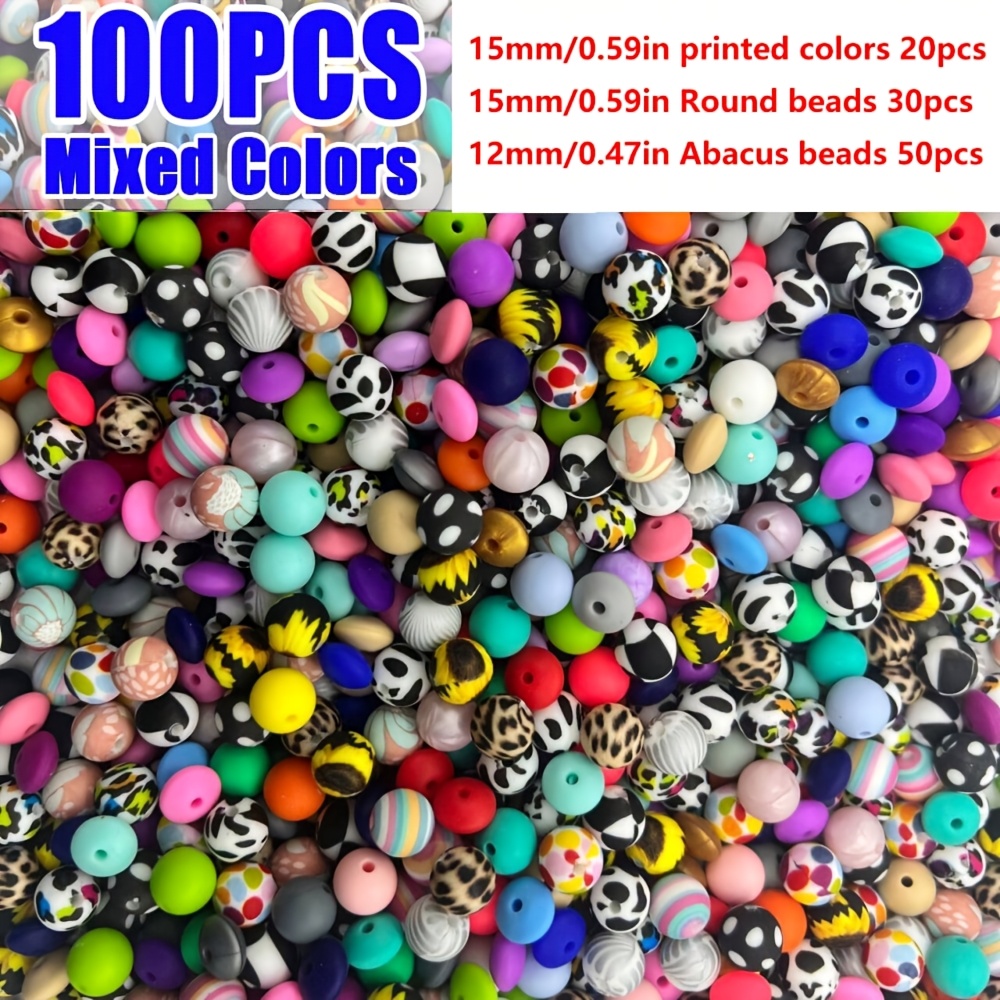 TEMU 100pcs Of Vibrant Silicone Beads - Round, Printed, Abacus Beads In Assorted Random Colors, Diy Bracelets, Jewelry, Phone Charms, Keychains, And