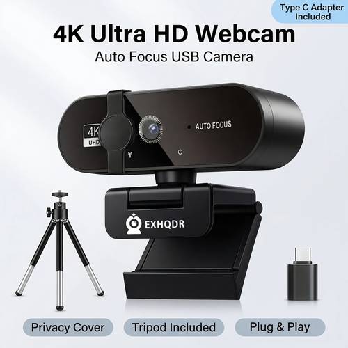 photo de l'article webcam 4k ultra hd avec pdaf , couvercle confidentialité, trépied et adaptateur type-c, caméra usb plug and play pour pc et ordinateur portable
