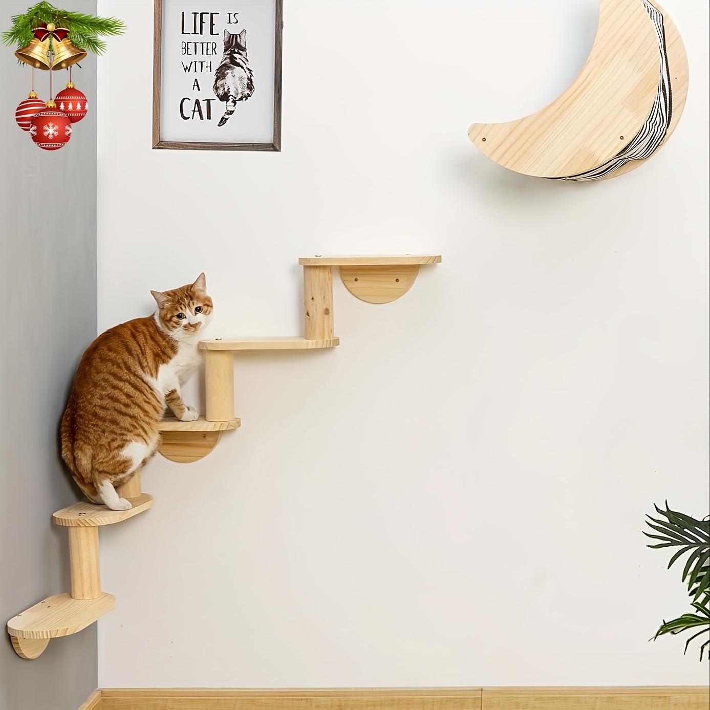 popular 3 level wall mounted cat climber shelf sturdy wooden cat tree with perches ladder festive indoor activity center for kitties christmas decor details 1