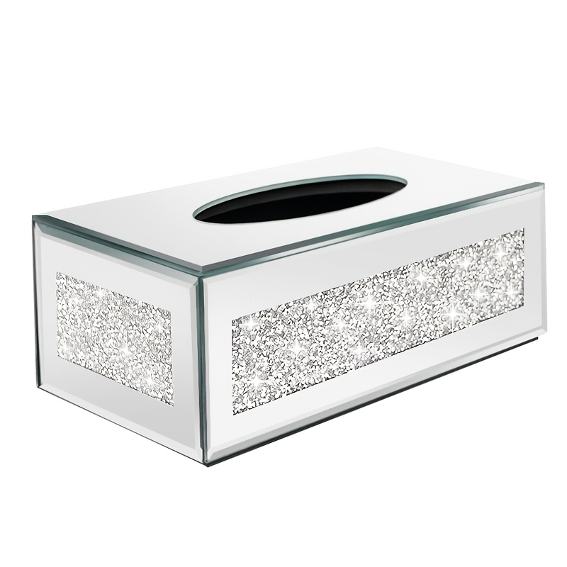 Image of Decorative Tissue Box Cover, Mirror Tissue Box Holder With Crushed Diamond Decor, Crystal Crushed Diamond Tissue Box, Silver Luxury Tissue Holders For Bathroom Home Office Decoration