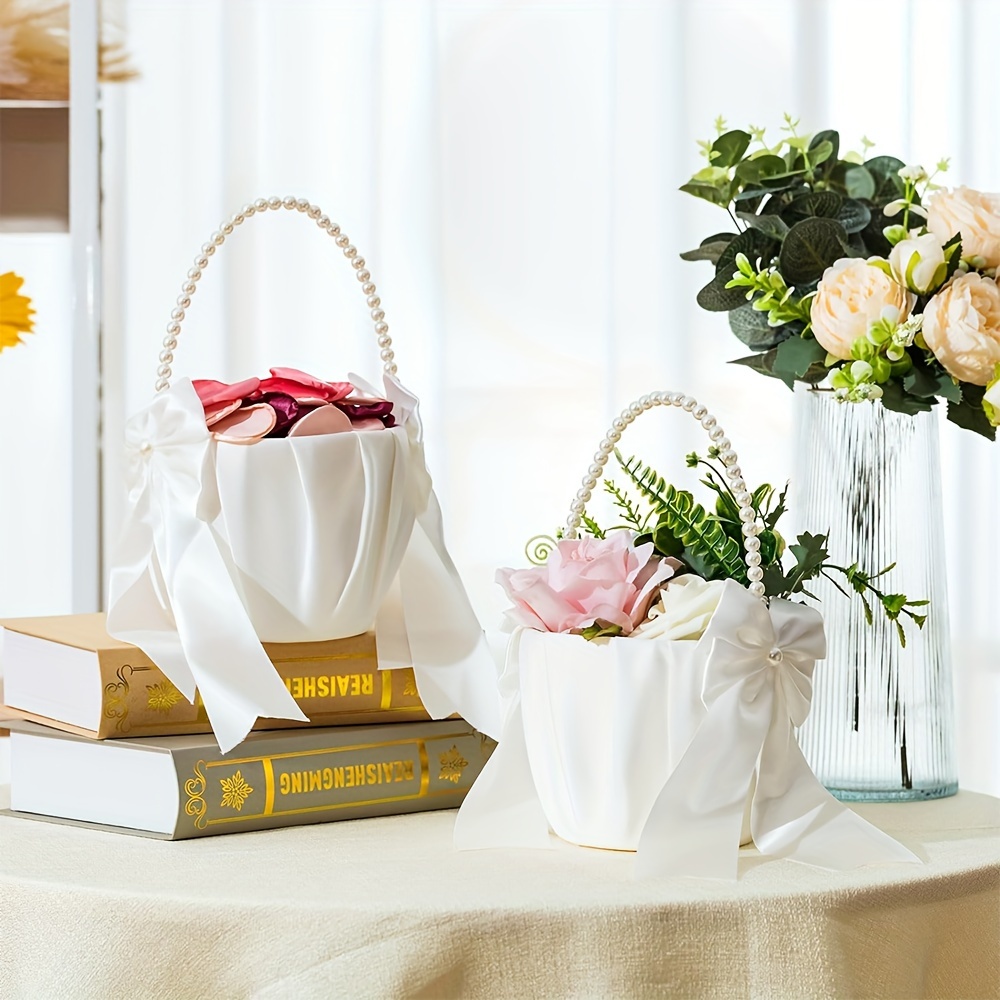 

2-pack Ivory Satin Flower Girl Baskets With Pearl Handle And Bow Detail For Wedding Ceremony - Chambray Material