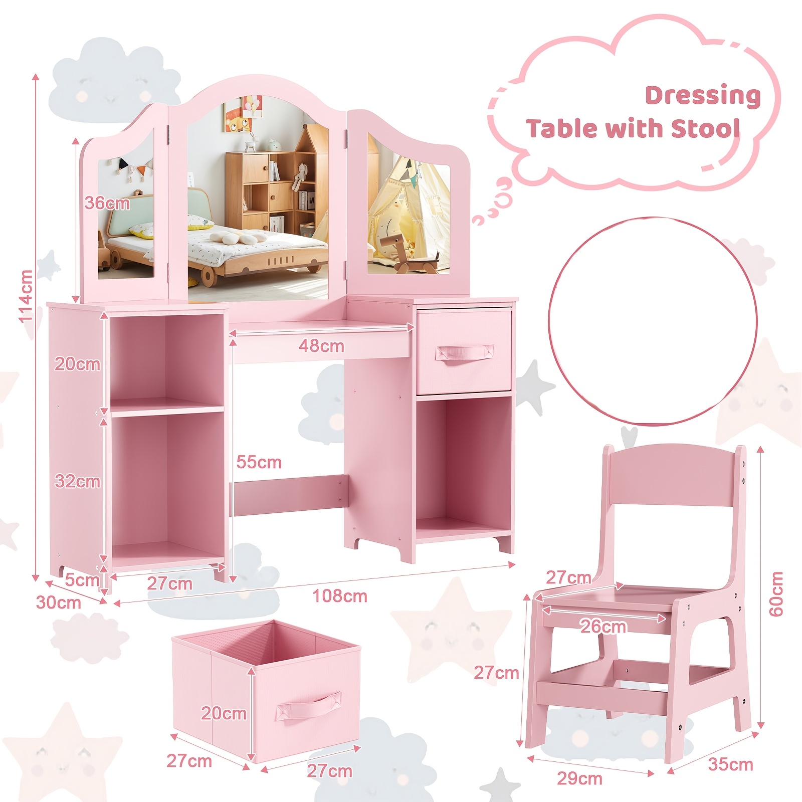 Dressing Table And Chair, Bedroom Dressing Table, 108x30x114cm, Dressing Table With Removable Mirror And 2 Fabric Drawers, Wooden Dressing Table, Birthday Gift, Christmas Gift