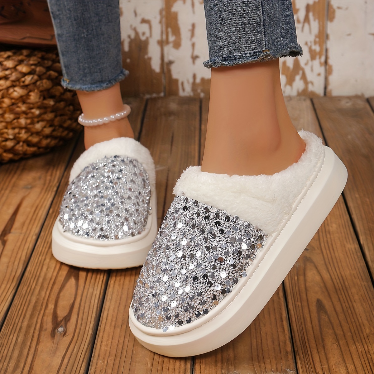 

Pantoufles Douillettes en Peluche à Paillettes pour Femmes - Chaussures d'Intérieur Chaudes et avec Semelle en Caoutchouc pour l'Hiver