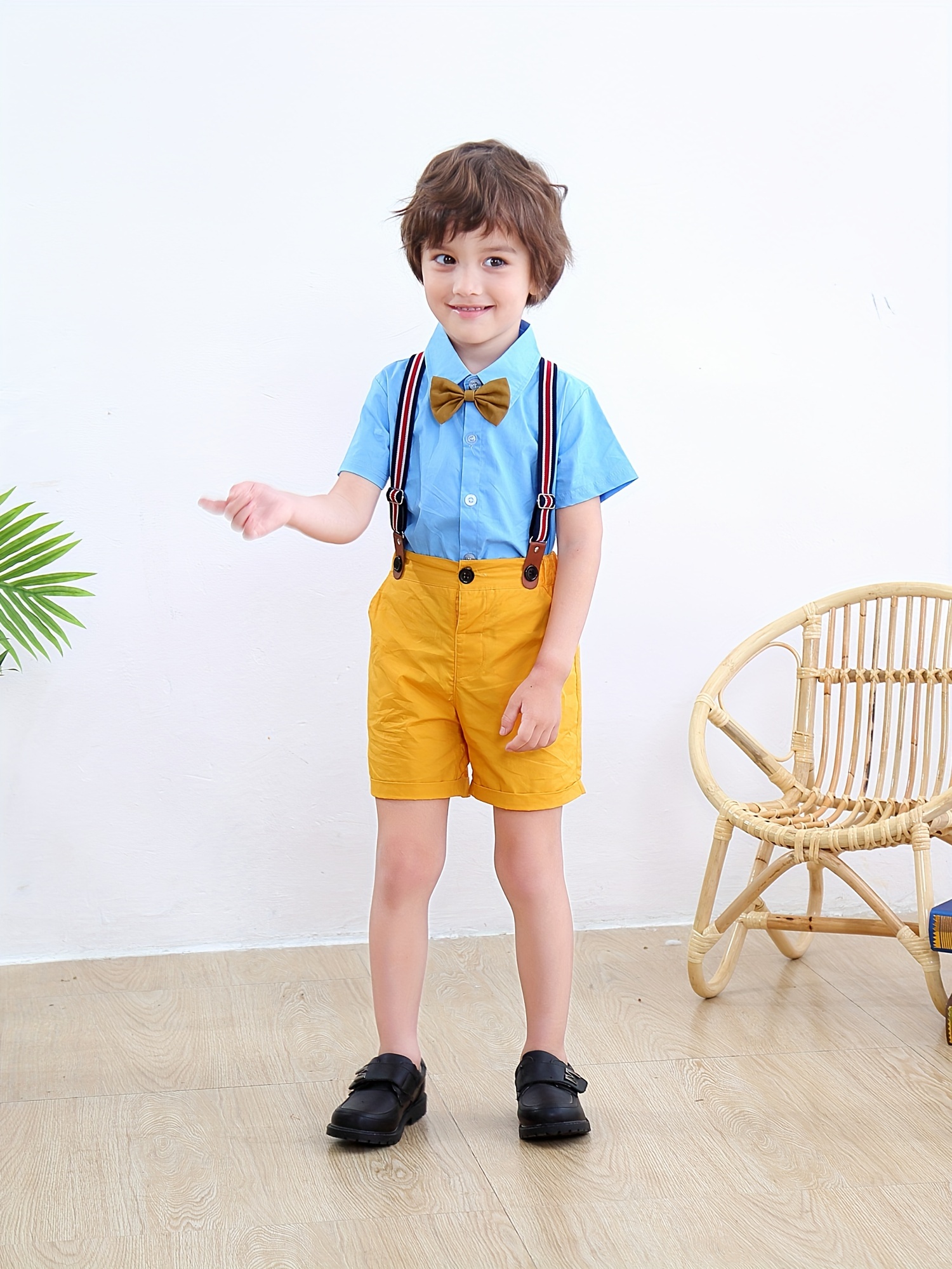 Summer formal dress for children s clothing boys baby blue short sleeved shirt shorts bow tie shoulder strap pants set