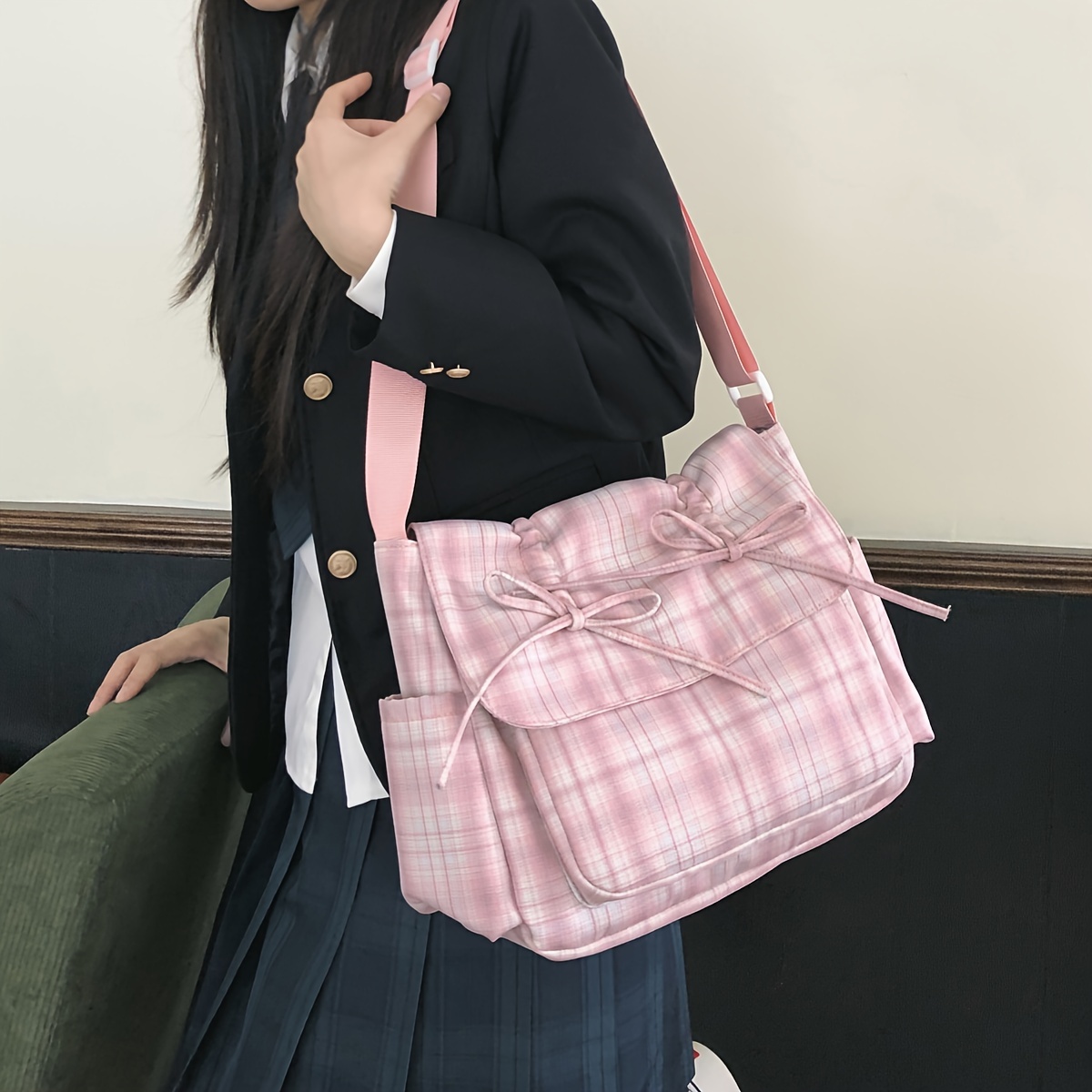 Hellrosa Umhängetasche Im Preppy-stil Mit Karomuster Und Schleife_voghion.com