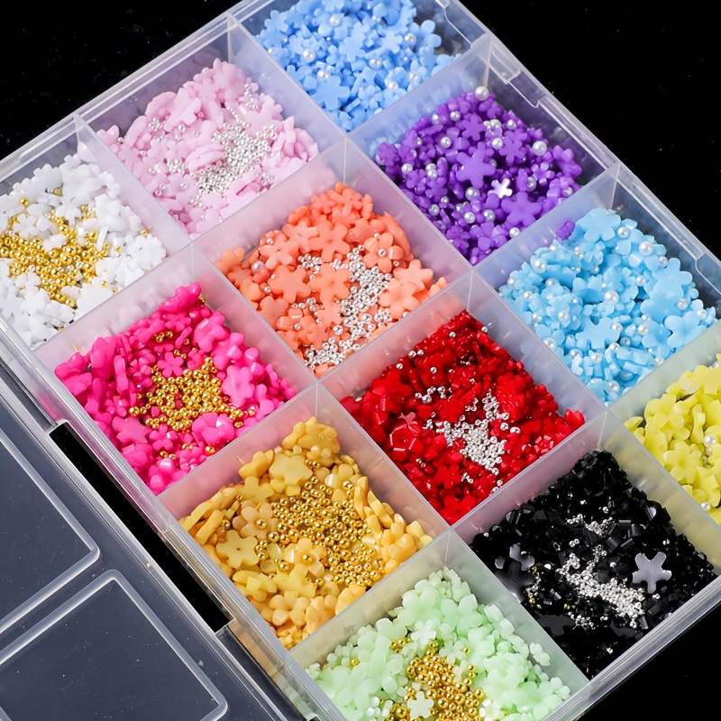 

1500pcs Mini Flower Nail Charms Set - 3d Acrylic Floral Decorations With Pearls, Golden & Silvery Beads For Diy And Crafts