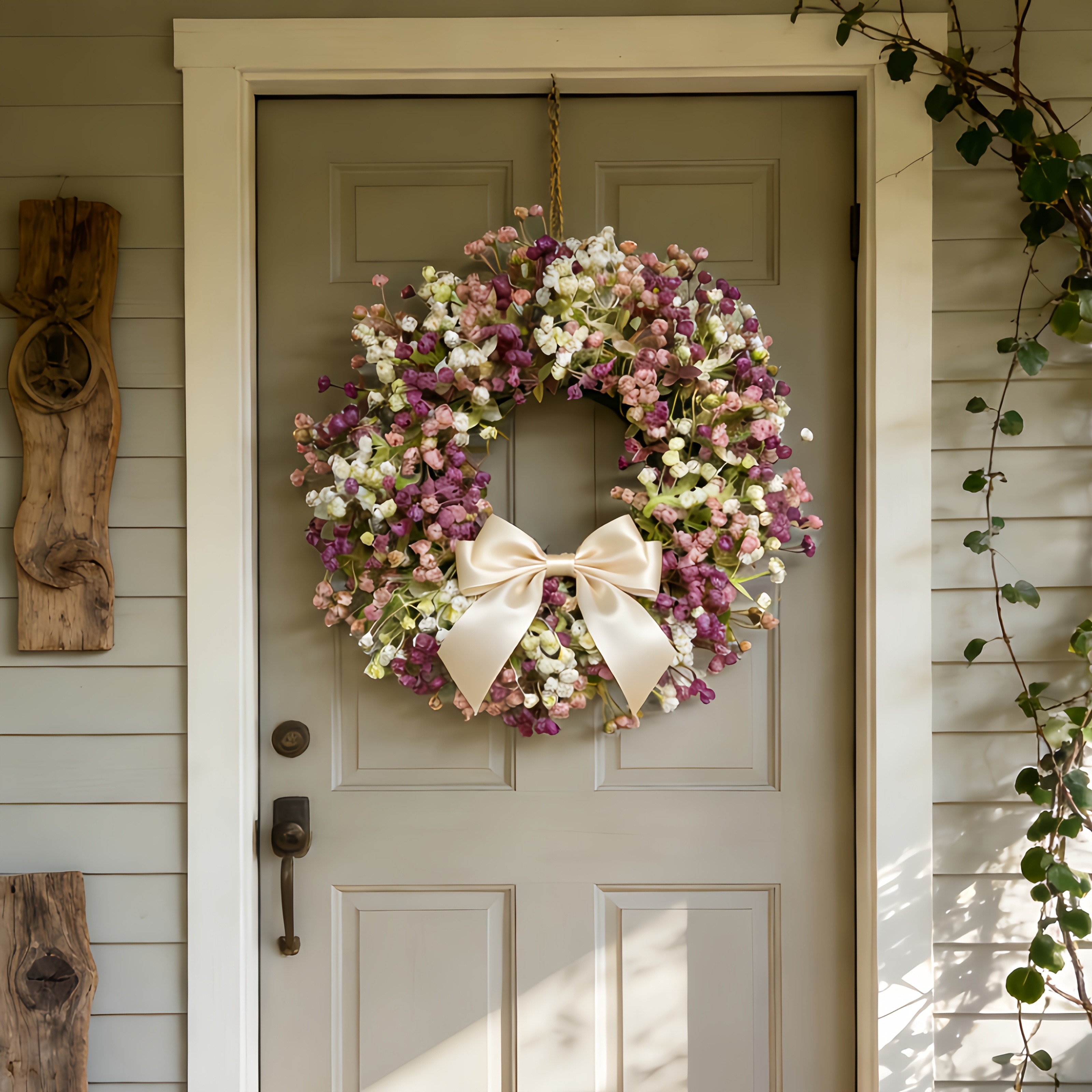 2pcs de couronne de printemps avec nœud artificiel et gypsophile - Une couronne de fleurs artificielles décorative combinant des nœuds et des gypsophiles, idéale pour suspendre des décorations sur les rebords de fenêtres, les murs, les porches et les chambres, ce qui en fait le cadeau parfait pour la fête des mères, les mariages