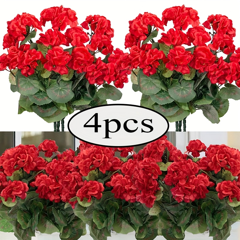 TEMU 4pcs 14'' Large Red Artificial Geranium Flowers - Plastic Purple For Home, Wedding, Kitchen, Garden Table Centerpieces & Indoor/ Outdoor Decor
