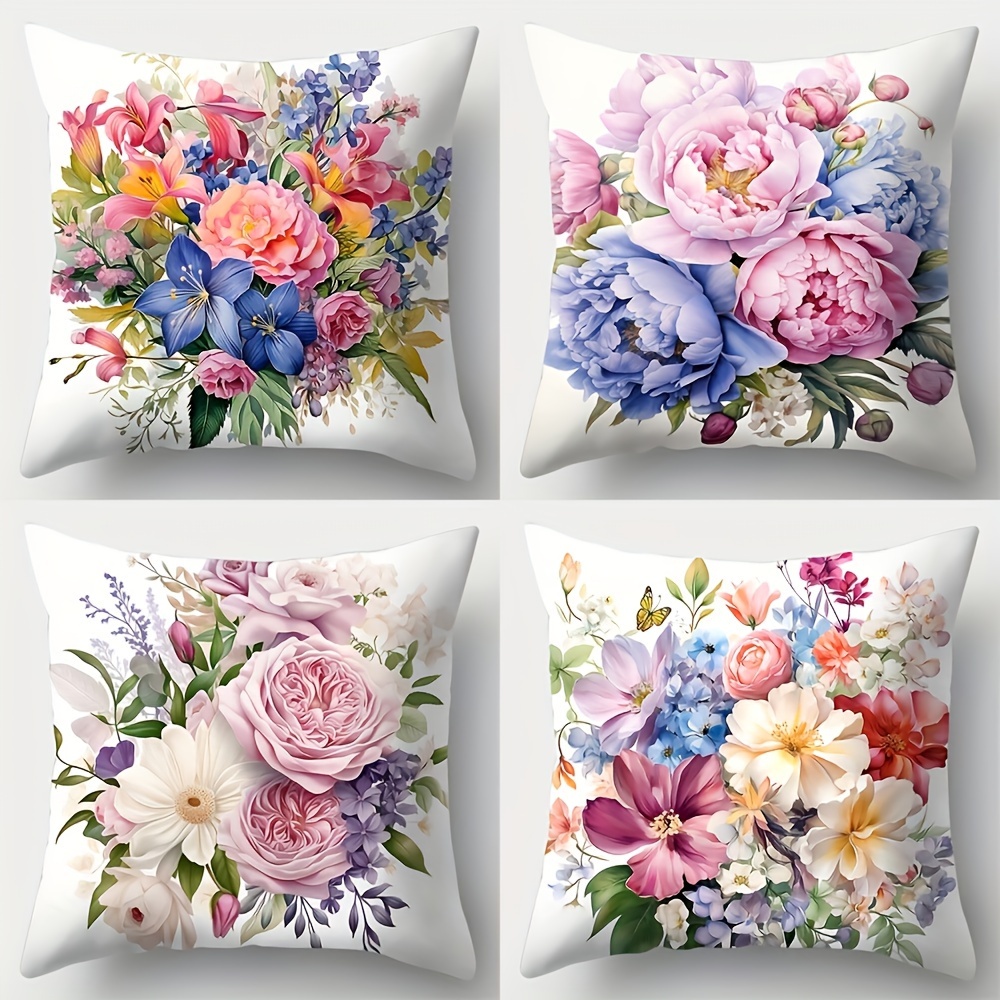 

4-piece Contemporary Floral Throw Pillow Covers 18x18 Inch - Butterfly & Flower Design, Square Cushion Cases For Bedroom, Sofa, Outdoor Decor - Machine Washable Polyester With Zip Closure