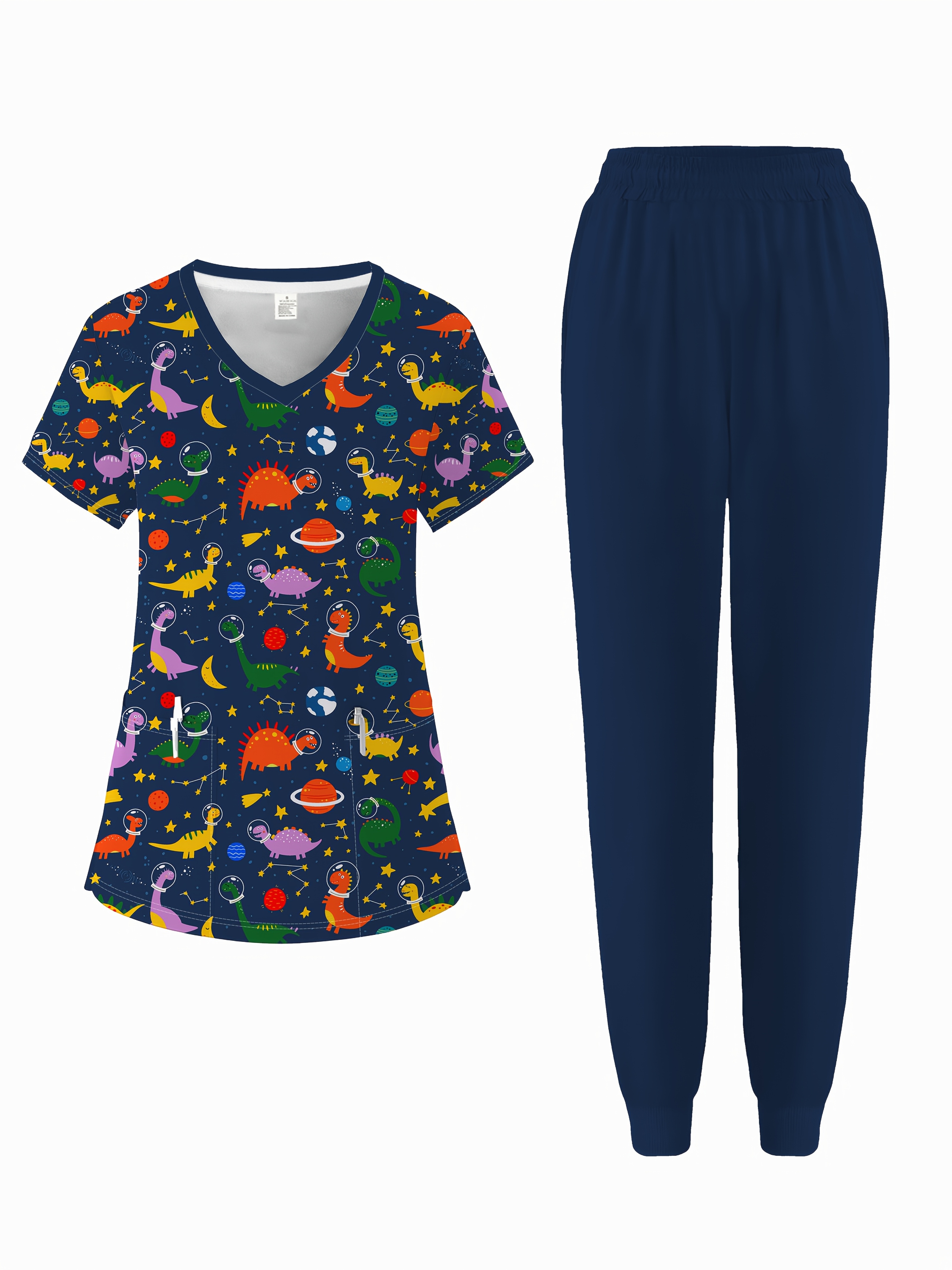 set de uniforme pentru femei - top drăguț cu imprimeu, decolteu în v, mâneci scurte, cu buzunare, din   de poliester respirabil, talie elastică, ideal pentru infirmiere și personal, uniforme|top cu decolteu în v|top cu buzunare, set de uniforme 0