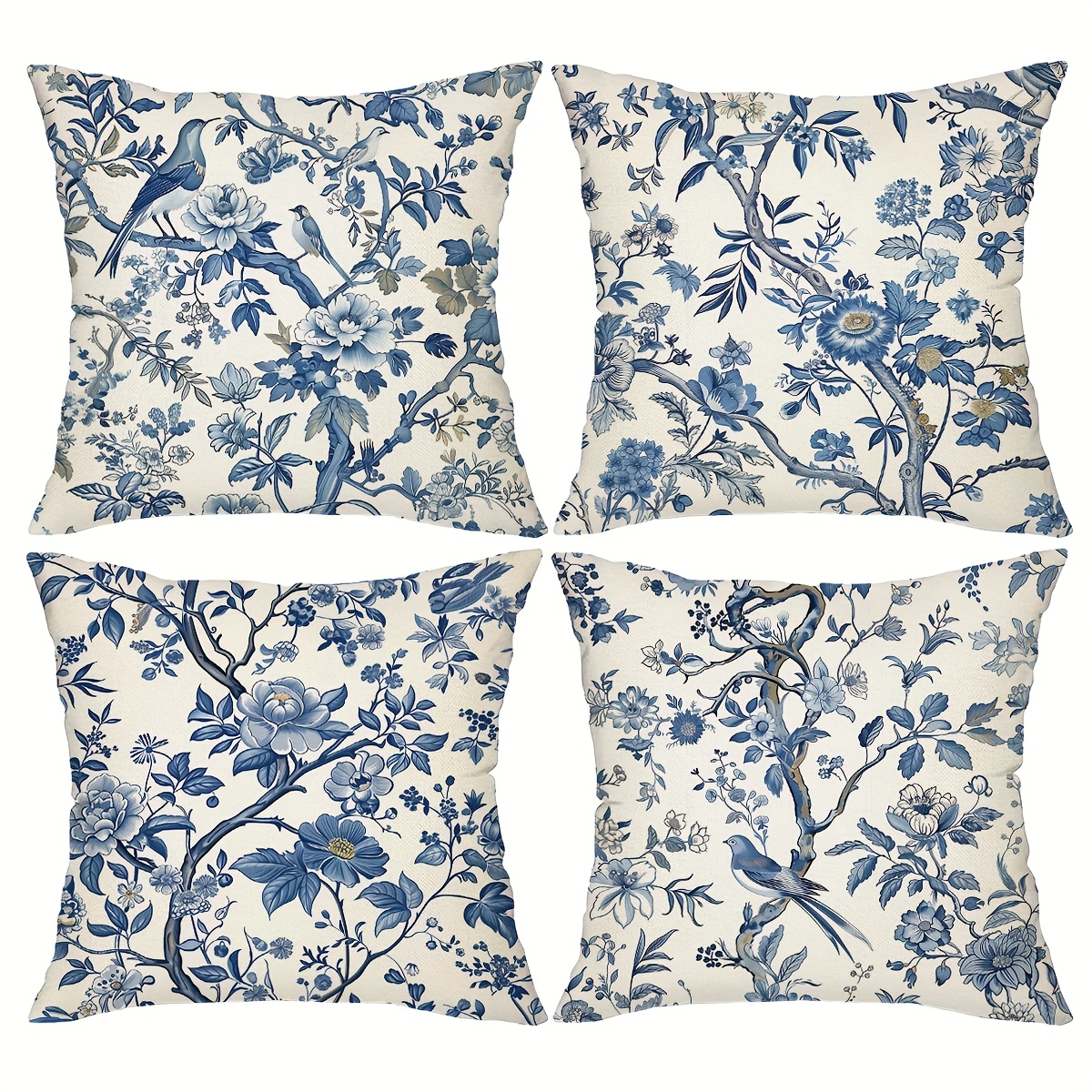 TEMU 4pcs Chinoiserie For Blue Bird & Floral Throw Pillow Covers, 18x18in - Vintage Rustic Farmhouse Style, Decorative Cushion Cases For Sofa, Couch,