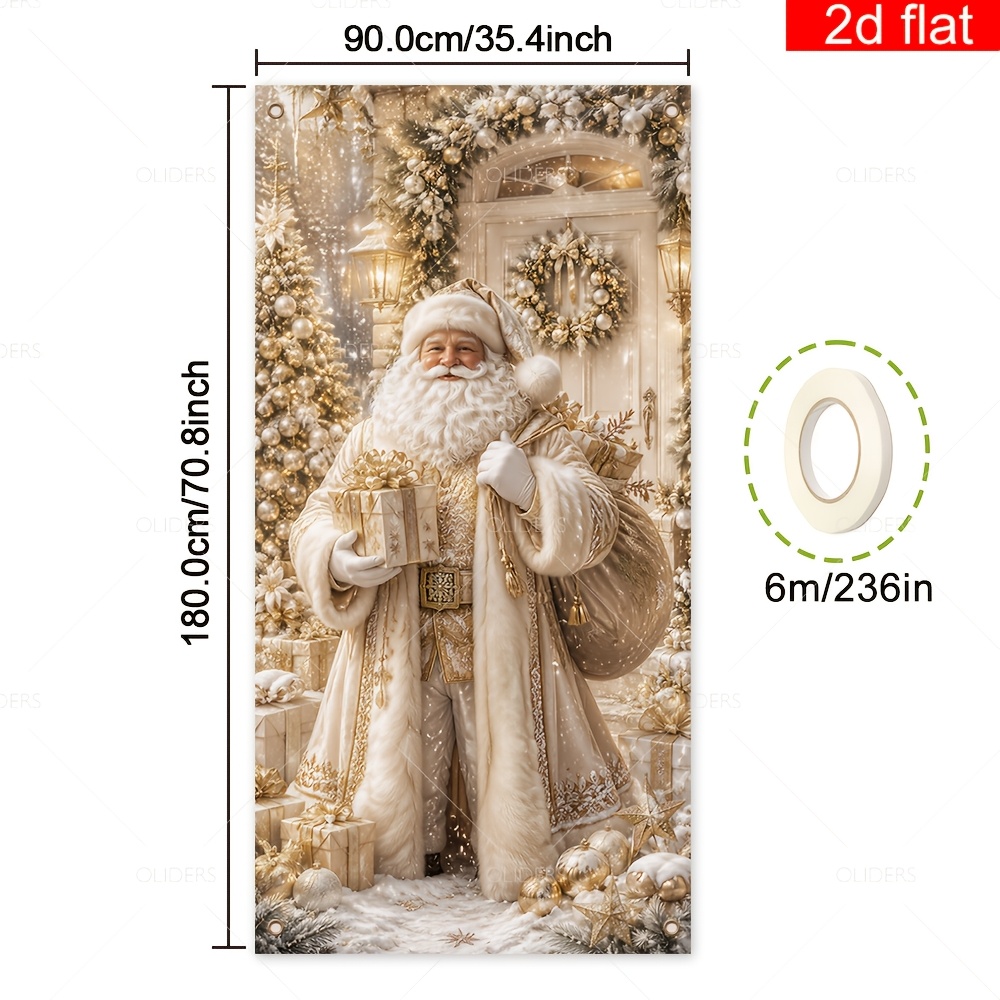 TEMU 2d Flat, 2d Flat - 2d Door Banner 2d Flat Banner, 1pc, Christmas-themed Door Banner, Polyester, Light And Golden Color Scheme With Santa Claus ,
