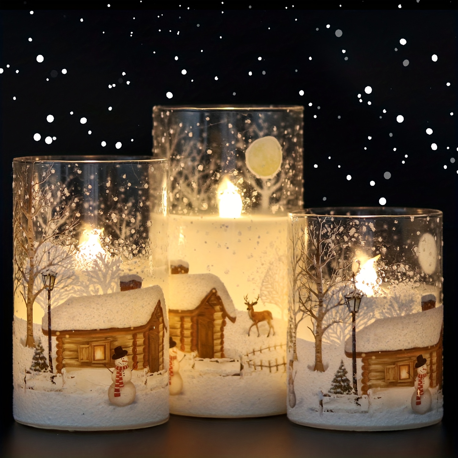 TEMU Snowman Glass Flameless Candles Battery Operated With Remote And Timer Real Wax Led Flickering Pillar Candles White Cold Light Window Christmas