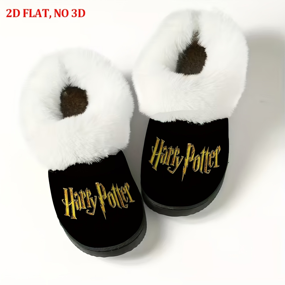 TEMU 2d Golden Harry Potter Logo Printed Women's Winter Slippers - Indoor/outdoor Home Slippers, Tpr Sole, Soft Plush Lining - Warm And Comfortable