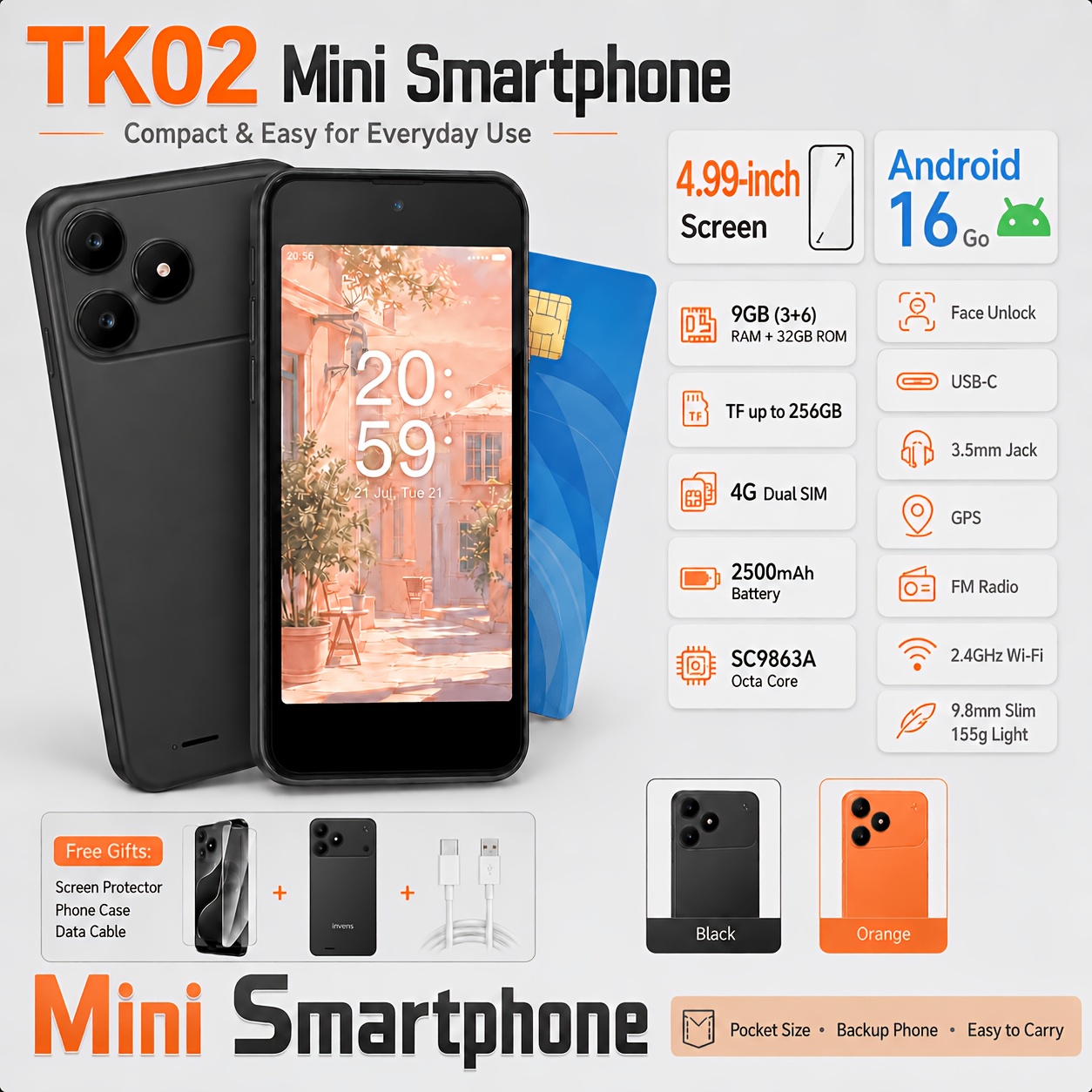 Image of Tk02 Mini Mobile Phone, 4.99" 16 Go Smartphone, Unlocked 4g , 9gb (3+6) + 32gb Rom, Up To 256gb, 2500mah Removable Battery, Face Unlock, Gps, Pocket-sized Smartphone For Everyday Use