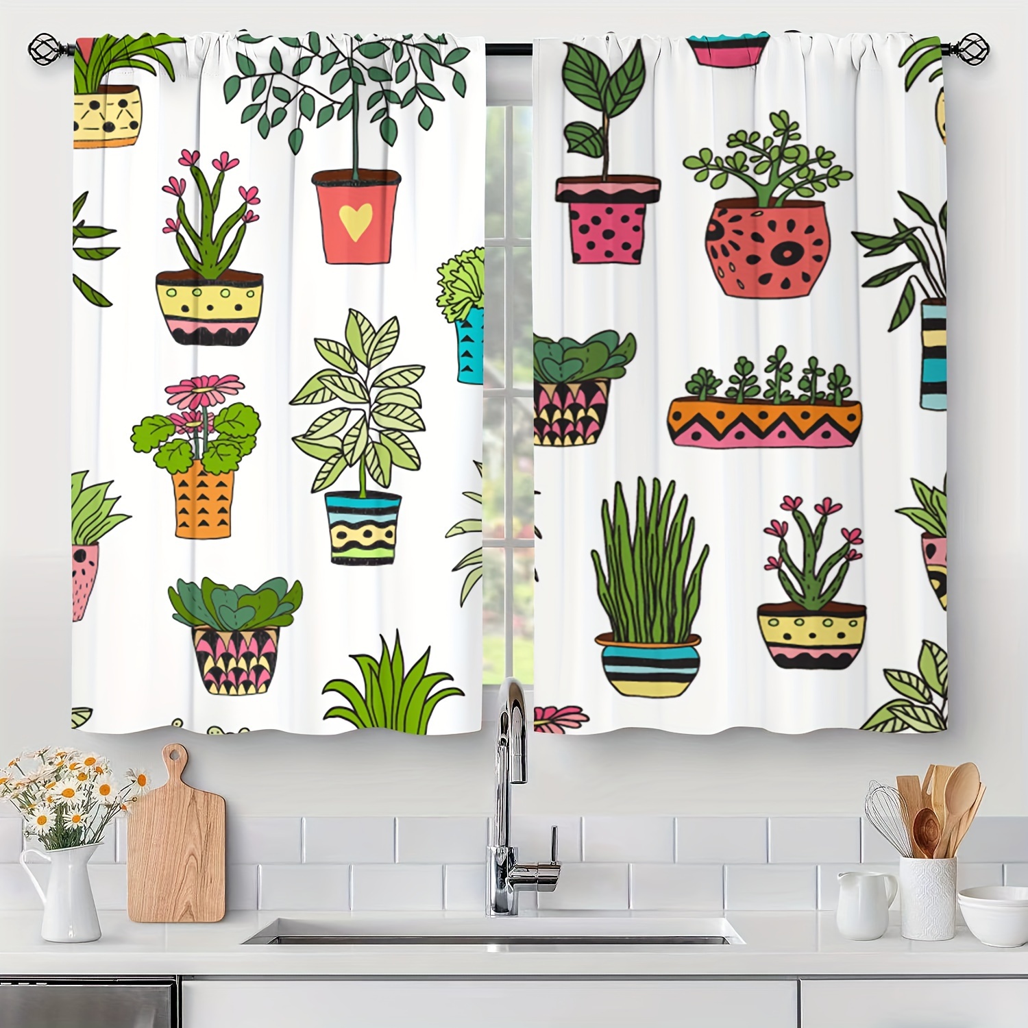 

2pcs Potted Plants Pattern Curtains, Window Curtain Tiers, Suitable For Bedroom, Living Room, Windows, Kitchen, Office, Home Decoration