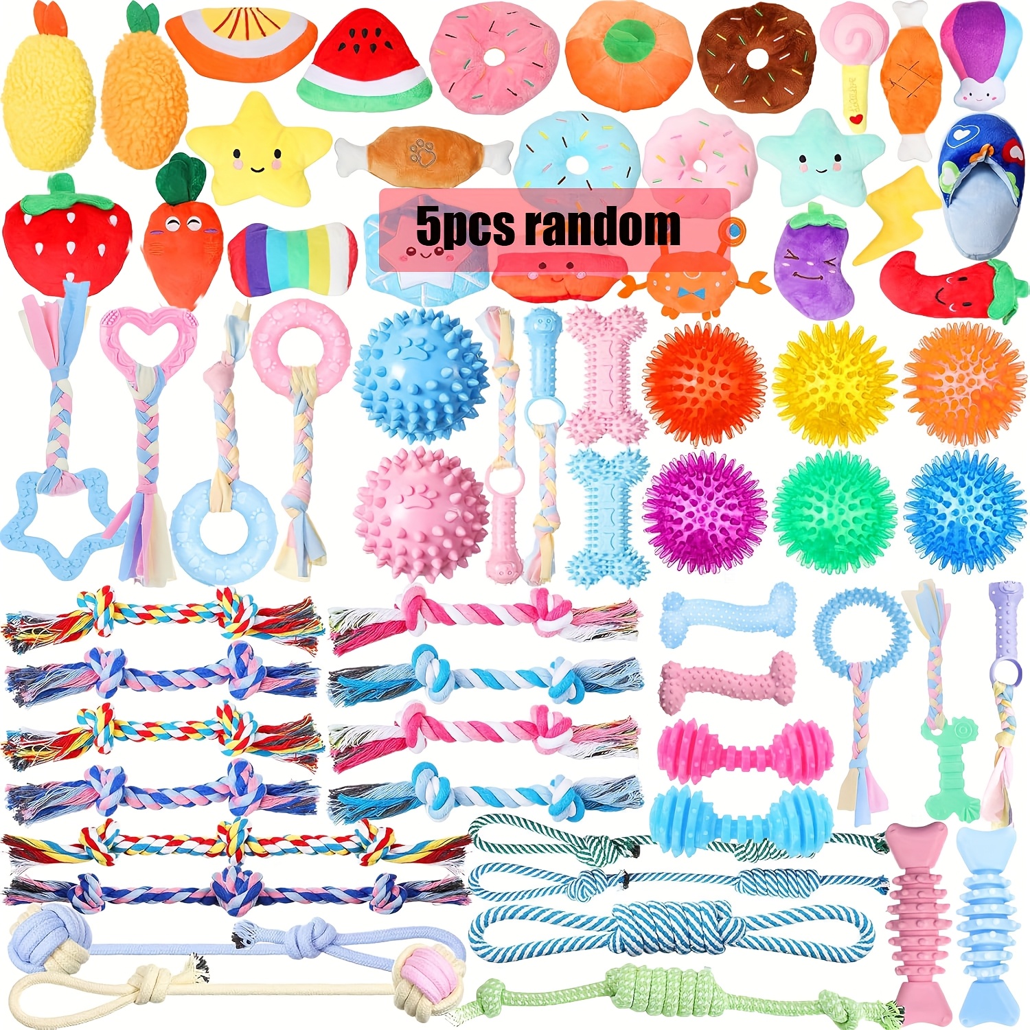 TEMU 5/10pcs Random Squeaky Dog Toys Bulk For Stuffed Plush Dog Toys Rope Chew Toys Puppy Teething Toy Rope Cute Spiky Dog Chew Ball For Dog Pet Teething
