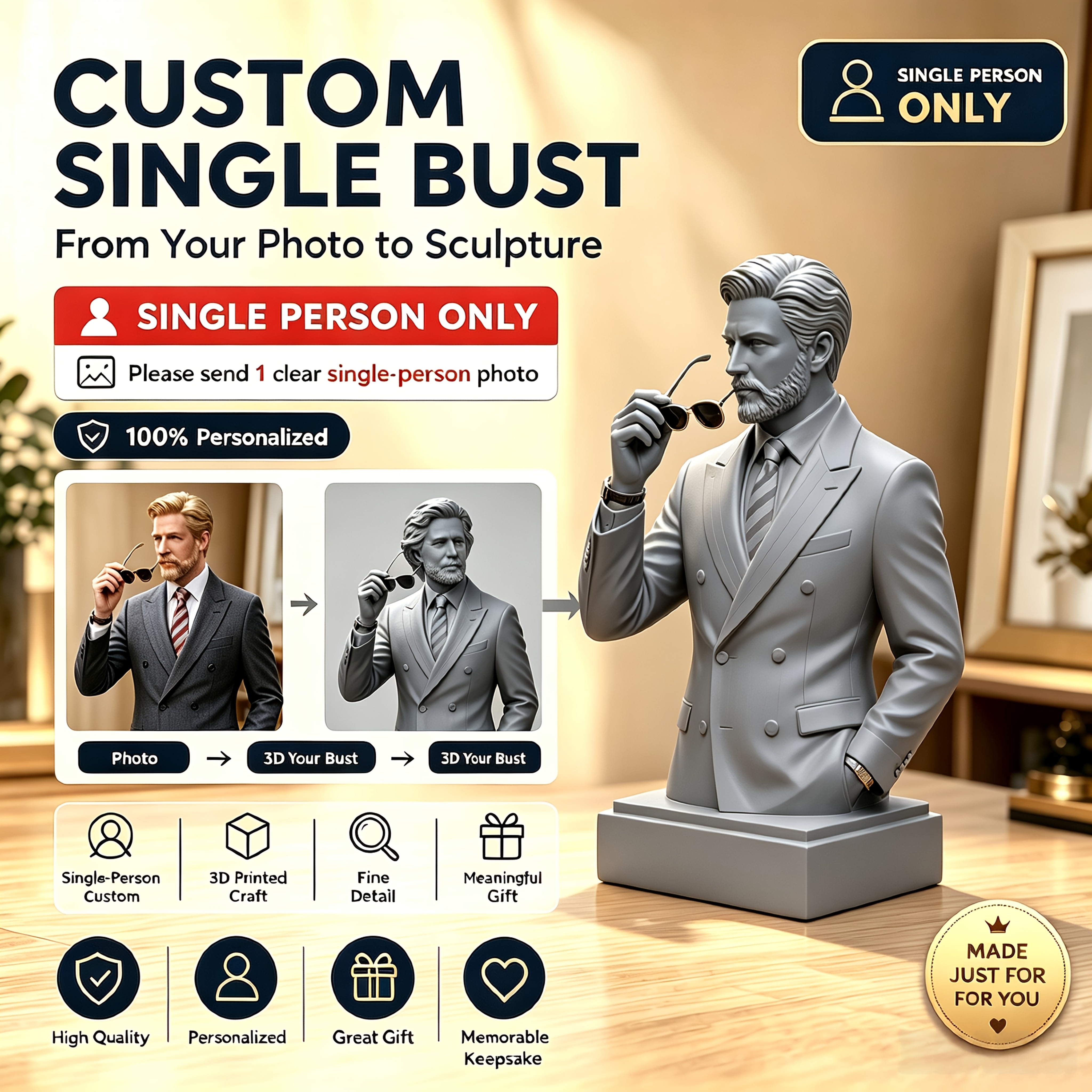 Custom Personalized Single Portrait Bust Sculpture