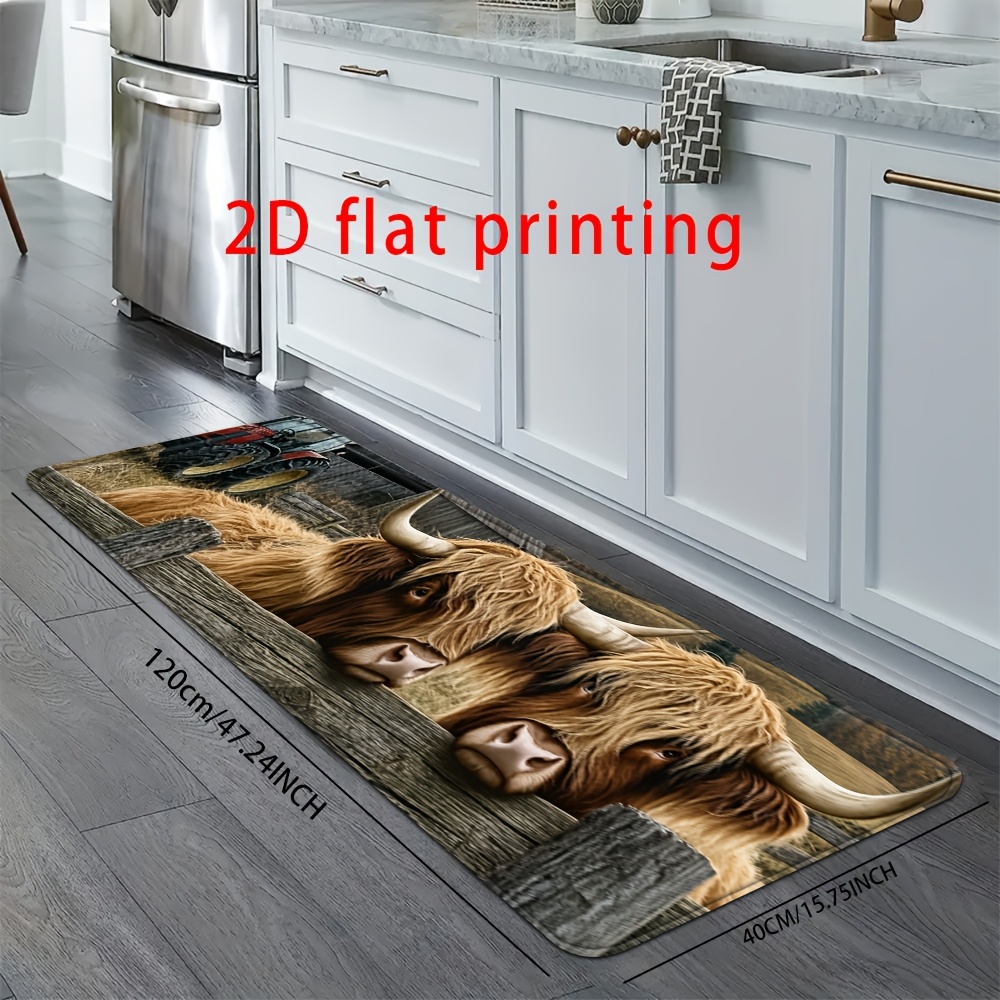 TEMU 1pc, Elegant And Comfortable, Country Mat - Highland Cow Design - Anti-slip And Water-absorbing Carpet, Suitable For Country Soft And