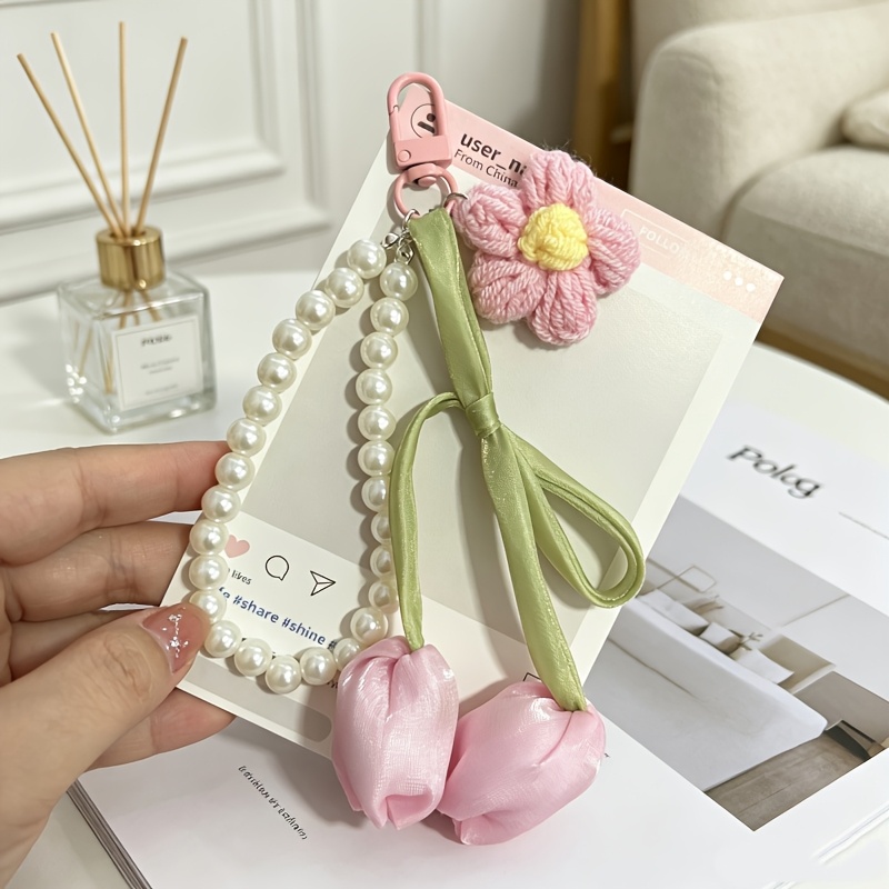 TEMU 1 pièce Pendentif porte-clés d'Été, Porte-clés Fleur Crocheté à , Breloque de Téléphone avec Nœud Doux, Pendentif Décoratif Polyvalent pour Sac