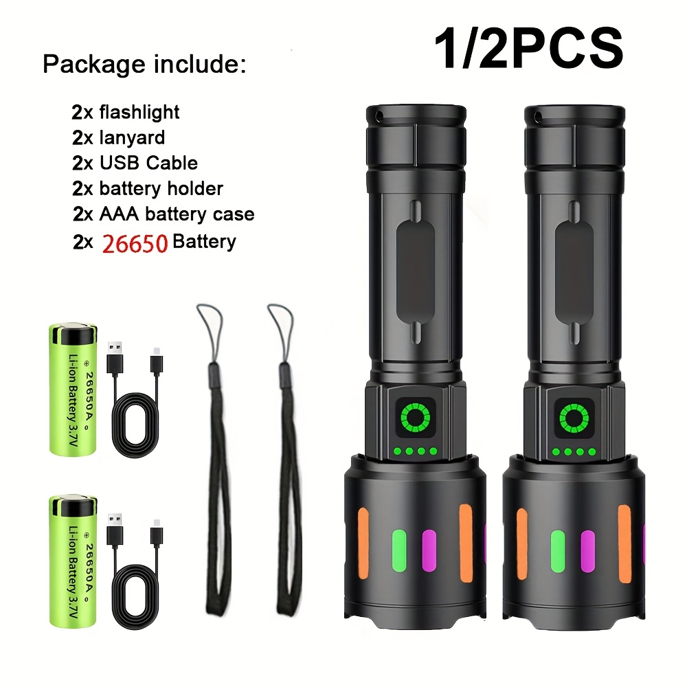 

1/2pcs Led Flashlight, Tactical Flashlight, Usb Rechargeable, With 3 Of Flash, Suitable For Emergency , Outdoor, Home, Camping, Hiking, Etc