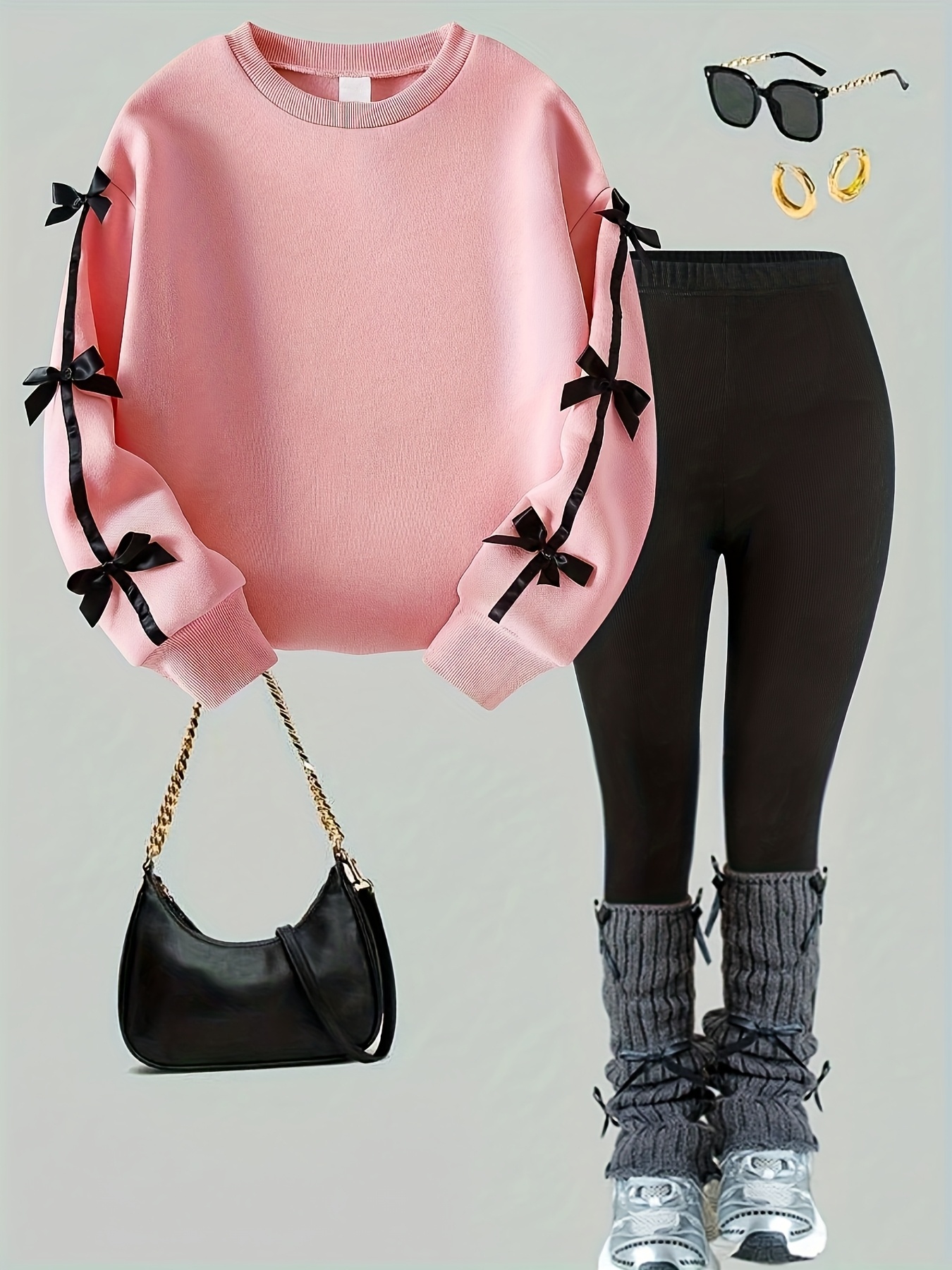 Meisjes 2-delige Set Herfst-Winter Casual Grijze Sweatshirt met Strik en Panty