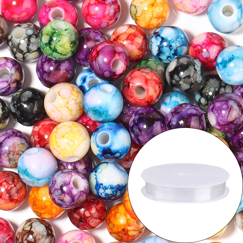 TEMU 510pcs 6mm Acrylic Colored Ink-printed Ceramic Pattern Round Beads With 1 Roll Of Elastic String For Making Bracelets, Small Gifts, Vase