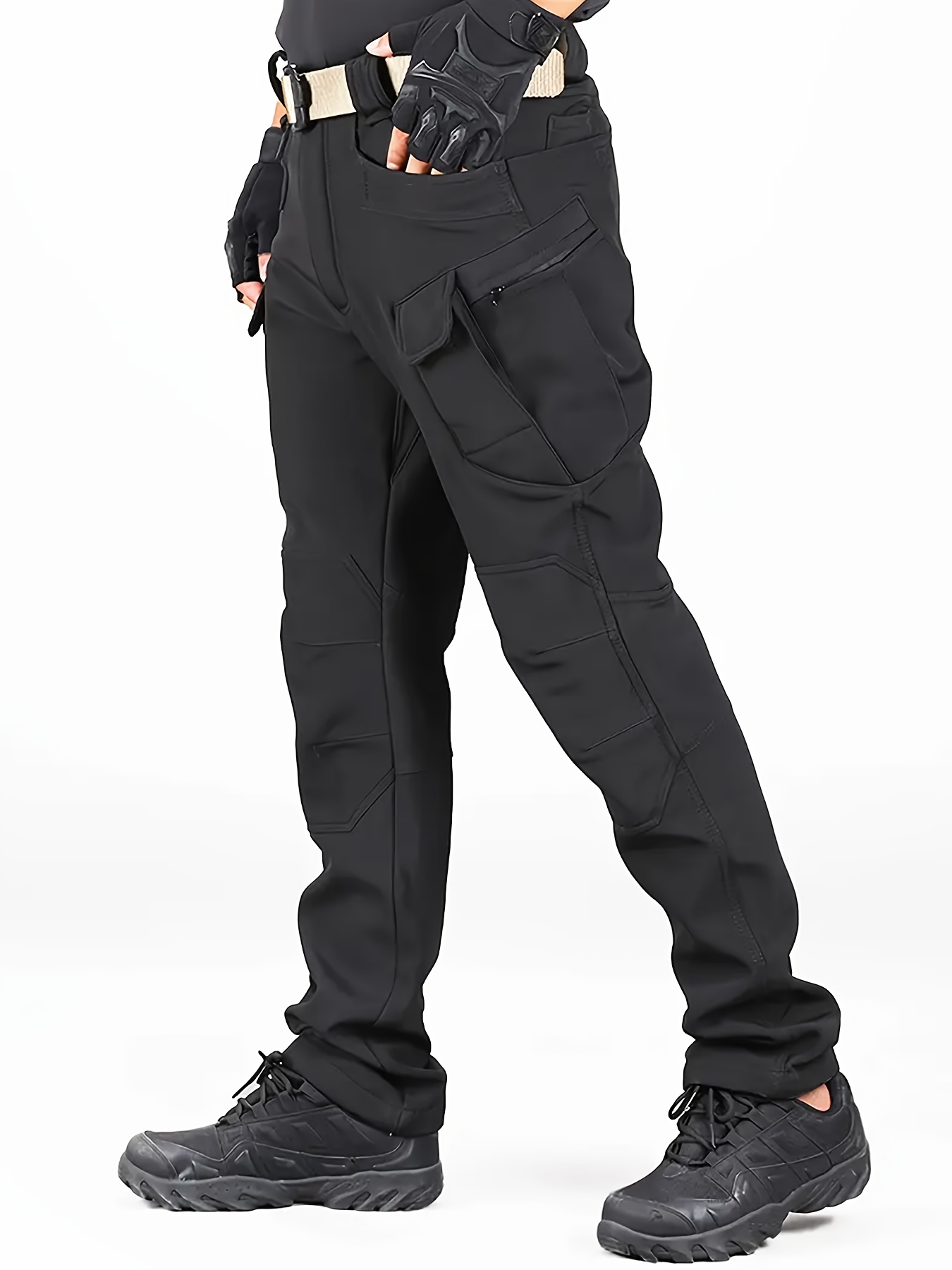mens olive green windproof soft shell pants with fleece lining multi pocket polyester spandex blend for hiking cycling weatherresistant pants regular fit pants softshell hiking gear details 8