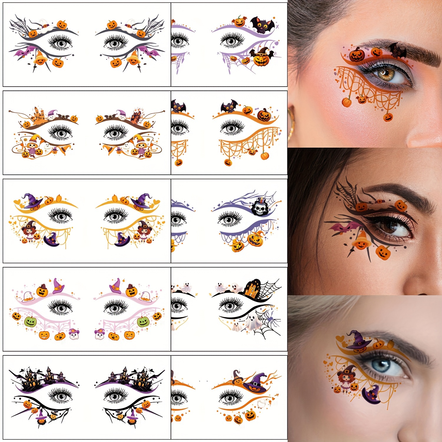 

10-pack Eye Temporary Tattoos, Waterproof Realistic Fake Tattoo Stickers With Colorful Pumpkin Bat Spider Web Patterns For Makeup