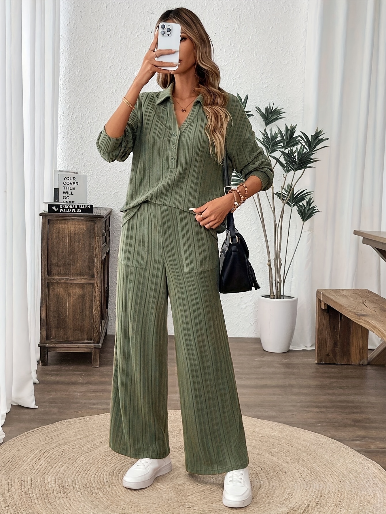 damen teiliges set freizeit hemd hose outfit polyester Temu