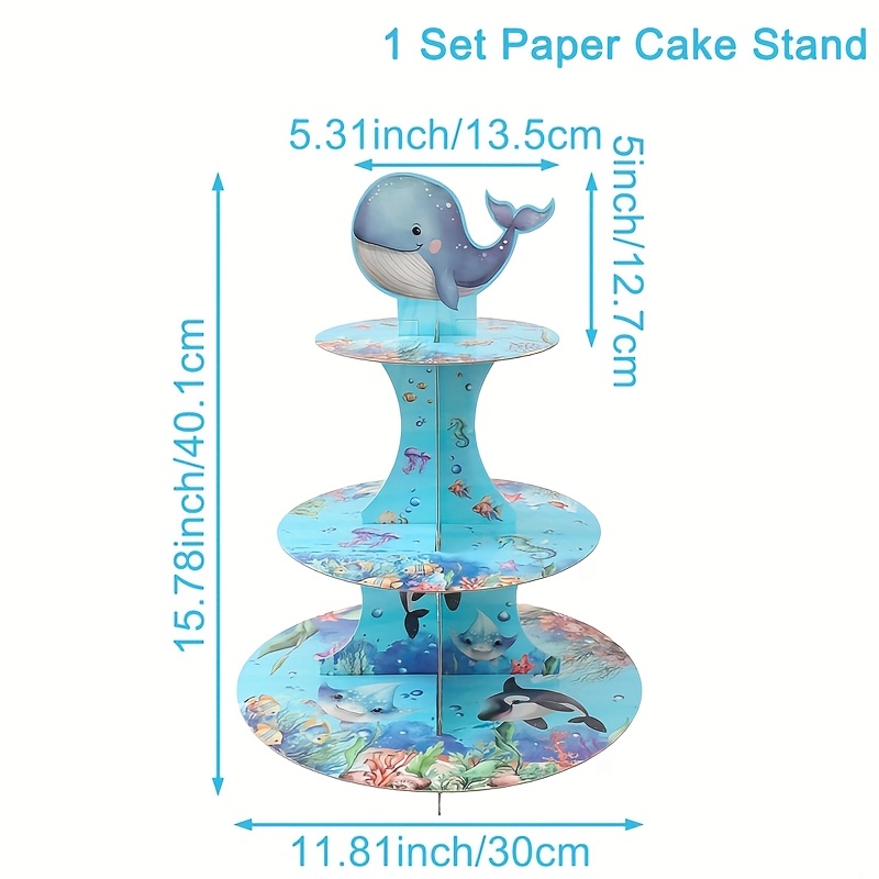 E-shop 1 Set, 3-lagiger Ozean-Tier-Kuchenständer (nicht für Lebensmittelkontakt), Ozean-Hai-Papier-Cupcake-Ständer, Happy