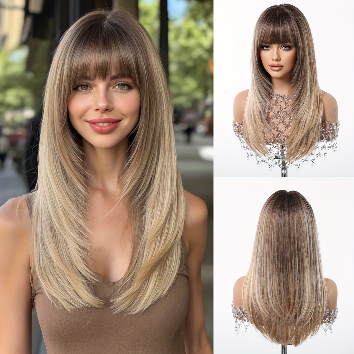 

Tang Long Fiber Woven Wig For Women, Elegant Mid-length Straight Hair With Bangs, Cap, 150% Density, Heat Resistant Matte , Styling Options, Suitable For All