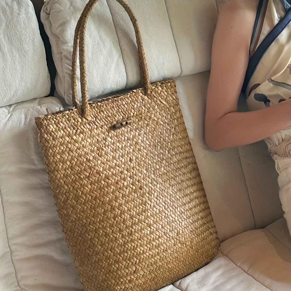 

Chic Handmade Woven Straw Tote Bag - Spacious Rattan Beach & Shopping Handbag, Vintage Style For Summer Travel - In Light Brown/dark Brown