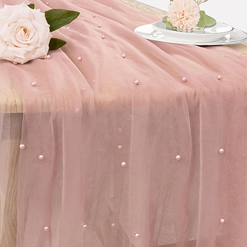TEMU 1pc Artificial Pearl Sheer Table Runner, Translucent Gauze Tablecloth, Bohemian Style, Romantic Wedding Arch And Bridal Shower Lace Decoration,