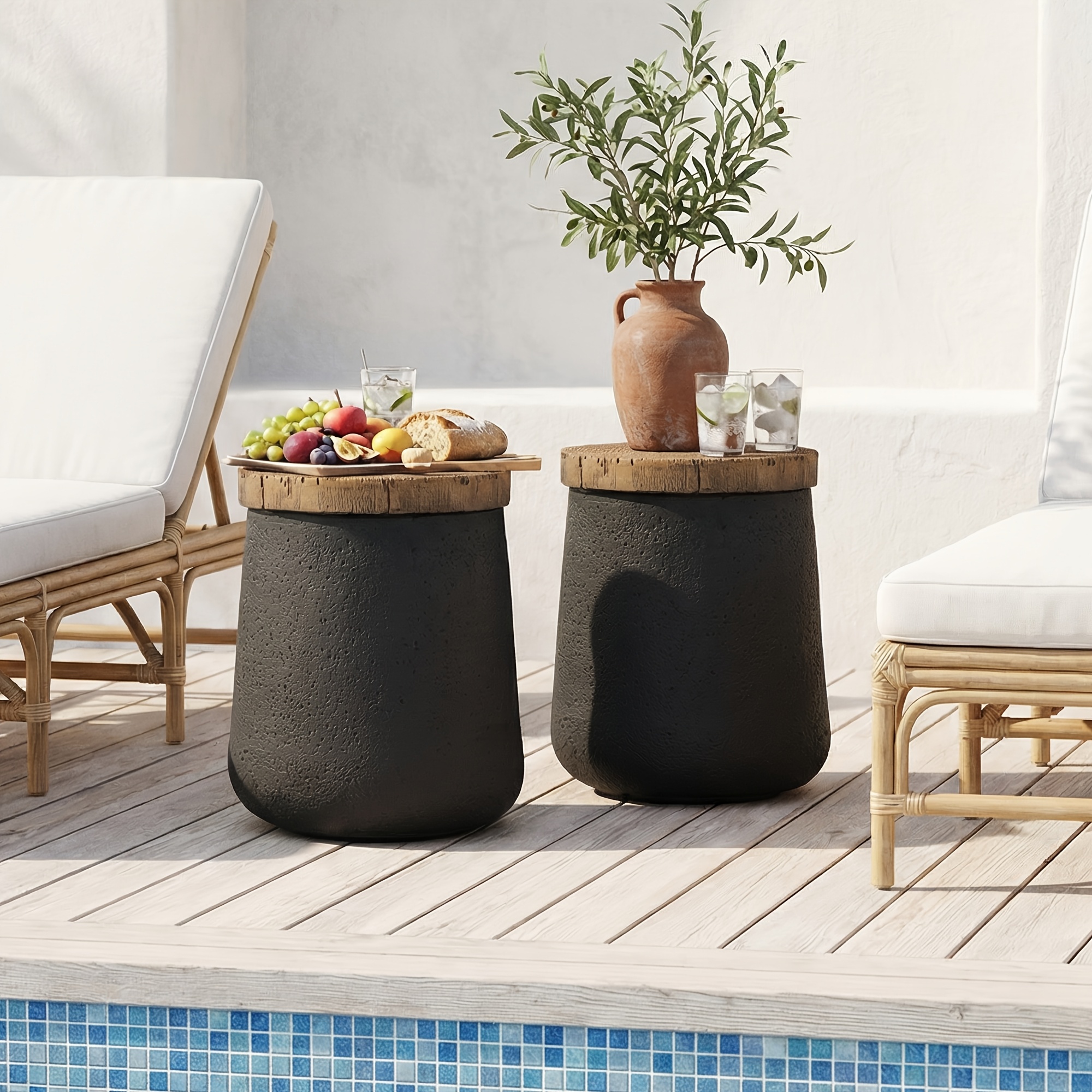 [Round Accent Table] Small Jar Cylinder Tree Ring Side Table, Black Magnesium Oxide End Table with Wood Grain Top - Round Accent Table for Living Room, Bedroom, Balcony
