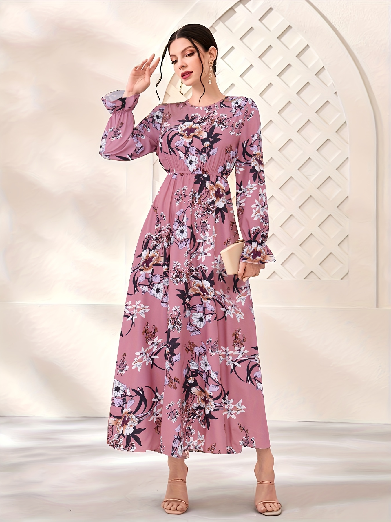 crew neck a-line dress Judy Fitted Crew Neck Dress A-Line Long Sleeve Midi main image 0
