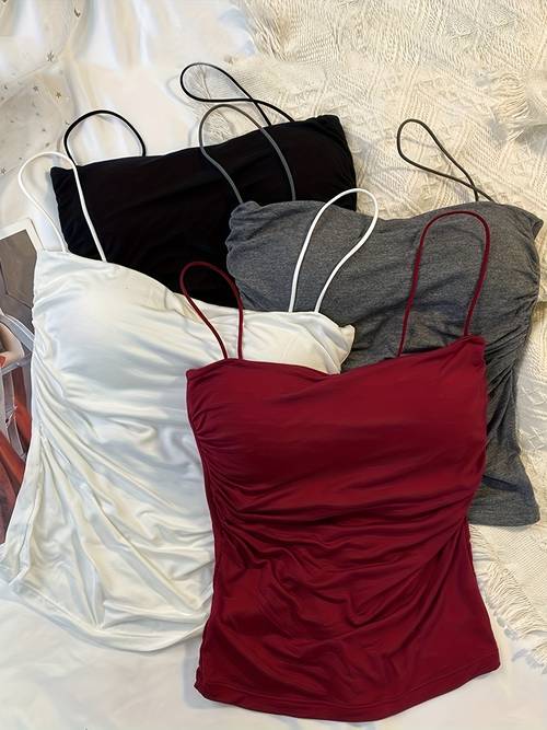 4 pack womens camisole tops with ruffle detail built in padded solid color polyester fabric stretchy for new waist ruffle strapless bra with padded cups