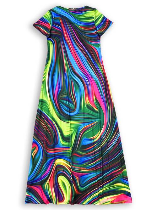 womens bohemian maxi dress with vibrant tropical print short sleeve round neck flowy casual dress machine washable breathable for spring summer beach festivals picnics beach dresses picnic clothing vacation wear boho lovers