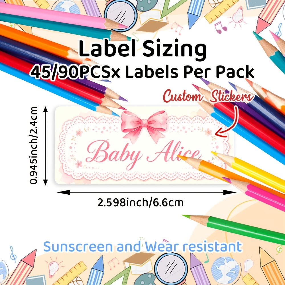 45/90pcs Personalized Lace Bow Name Stickers for Students