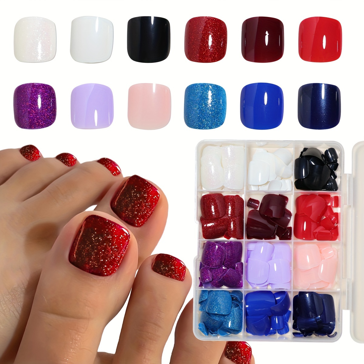 

Glitter & Solid Color Toe Nail Tips Set, 12 Grid Box, Pre-glued Press-on Pedicure Nails, Galaxy & Classic Tones, Easy Application Fake Nails For Toes, Home Salon Nail Art Kit