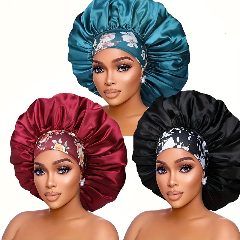 TEMU 3pcs Satin Sleep Caps For Women - Breathable High-density Hair Caps With Floral, Solid & Designs, Edges For Chemotherapy, Night Hair Care & Use, Hair Bonnet For Sleeping, Elegant Sleepwear
